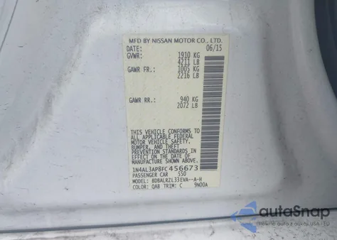 2015 Nissan Altima 2.5 Sl from USA, damaged, VIN 1N4AL3AP8FC456673
